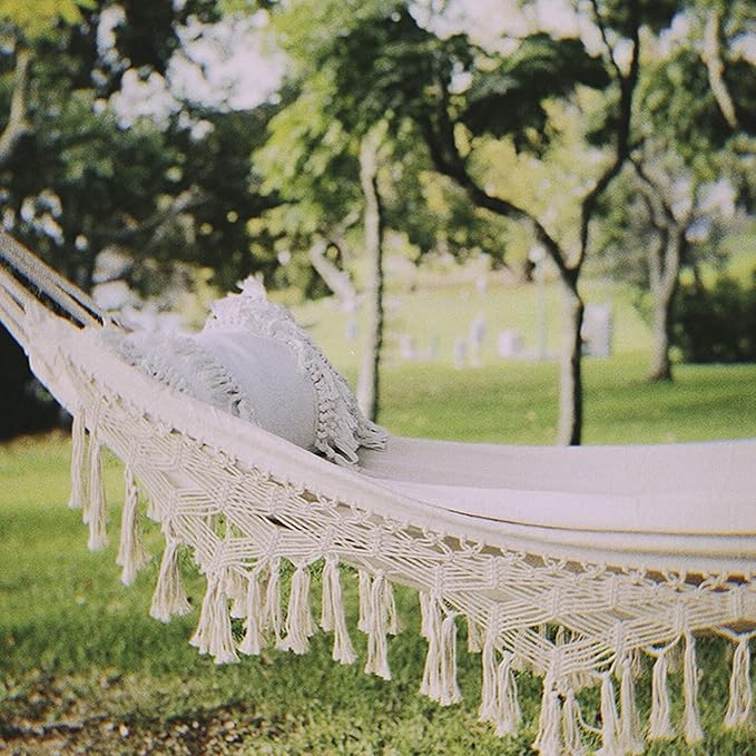 Camping Hammock Bed Tassel Hammock Rope Swing Canvas Sturdy Lanyard Rocking Chair for Outdoor Indoor Garden Load Capacity Up to 150 Kg Hammock Swing (Color : Black, Size : 200 * 150cm)
