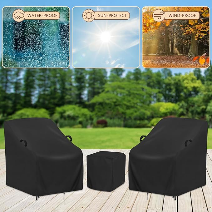 3 Piece Outdoor Furniture Cover Set - 28in Patio Chair Covers with Table Shield, 420D Oxford Fabric Waterproof UV Protection with Drawstring & Buckles, Black (2 Chair + 1 Table Cover)