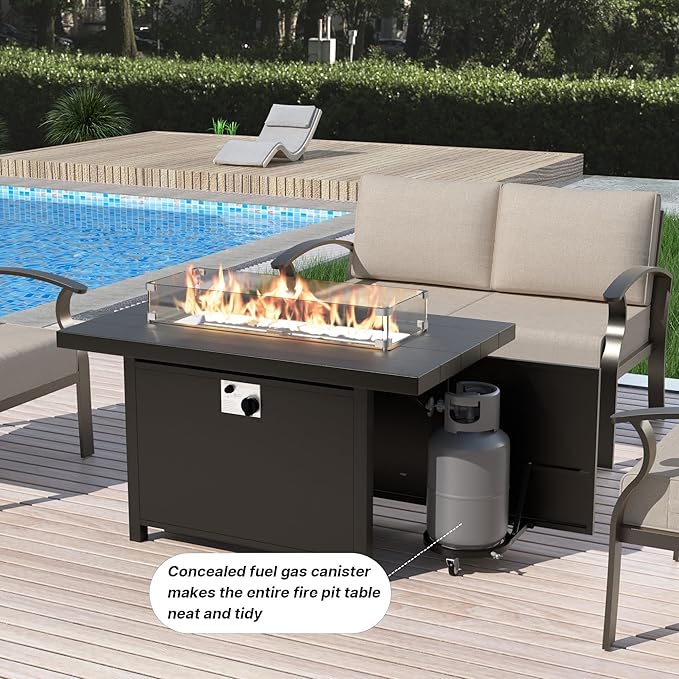 Gotland Aluminum Patio Furniture Set, 4 PCS Metal Outdoor Furniture with 45’’ Fire Pit Table Waterproof 5.1'' Seat Cushions 34.1’’ High Back, Oversized Outdoor Sectional Patio Conversation Sets, Khaki