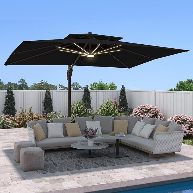 9 X 12 FT Cantilever Outdoor Patio Umbrella with Base Included Large Heavy Duty 360° Rotation Double Top Offset Rectangular Umbrellas with LED Lights for Backyard Outside Deck, Black