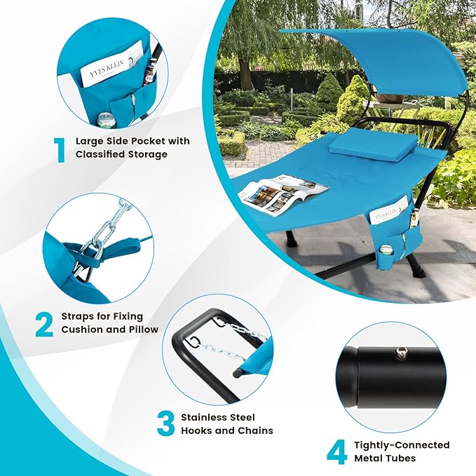 Nightcore Outdoor Canopy Hammock Swing Chair, Cushioned Patio Hanging Chaise Lounge w/Pillow & Storage Bag, Metal Swing Hammock Bed w/Stand for Garden, Lawn, Backyard (Blue)