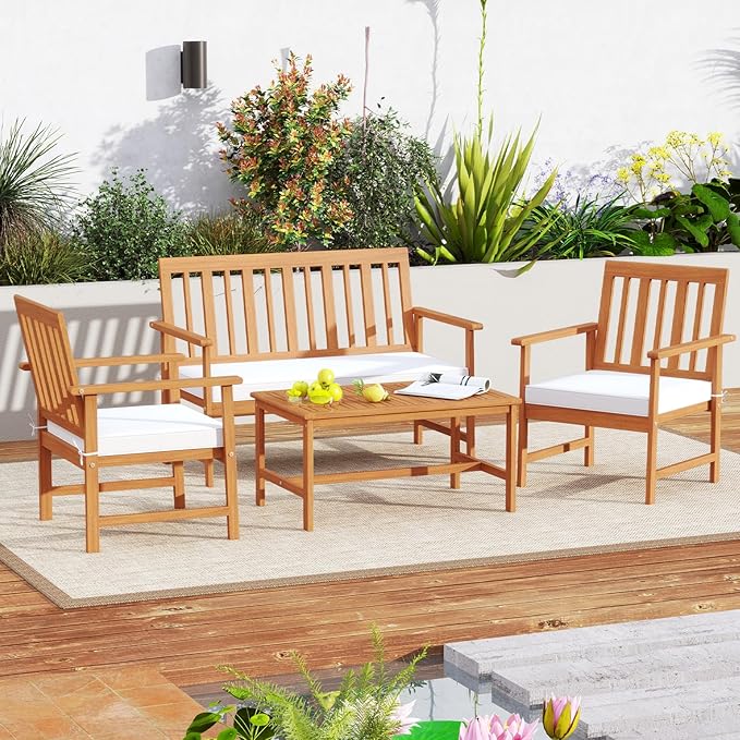 Tangkula 4-Piece Acacia Wood Patio Conversation Set, Outdoor Furniture Set with 2 Armchairs, Loveseat, Coffee Table, Soft Cushions, Slatted Sofa and Chairs Set for Deck, Backyard (Off White,1)