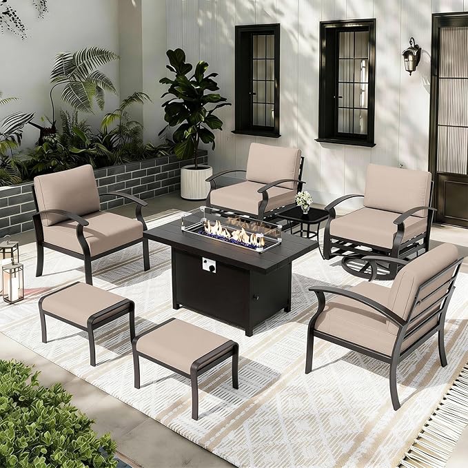 ALAULM Aluminum Patio Furniture Set with Propane Fire Pit Table 6-seat Metal Outdoor Furniture w/Swivel Chairs Patio Sectional Sofas w/5.1" Cushions for Patio, Backyard, Poolside-Sand