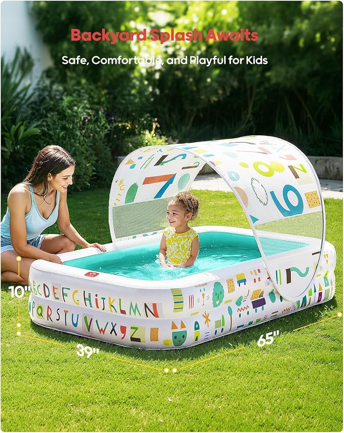 QPAU Kiddie Pool – 65" x 39" Inflatable Pool for Kids & Toddlers, Ball Pit & Baby Pool with Soft Cushioned Floor, Canopy for Sun Protection, Durable Outdoor Play Toys for Backyard & Indoor (Green)