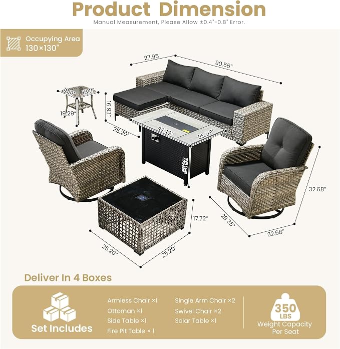 HOOOWOOO 9 Pieces Patio Furniture Set,L Shaped Outdoor Sectional Couch with Fire Pit Table, Pe Wicker All Weather Outside Conversation Sofa Swivel Chiars Solar Table Ottoman Set,Black