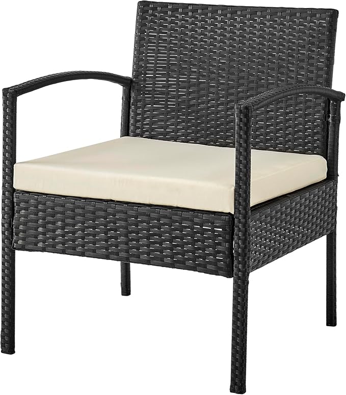 Manhattan Comfort Noli 4-Piece Patio Conversation Set, Outdoor Furniture Made of Steel Rattan | Includes 2 Modern Armchairs, Loveseat, Tempered Glass Coffee Table, Removable Waterproof Cushions, Cream