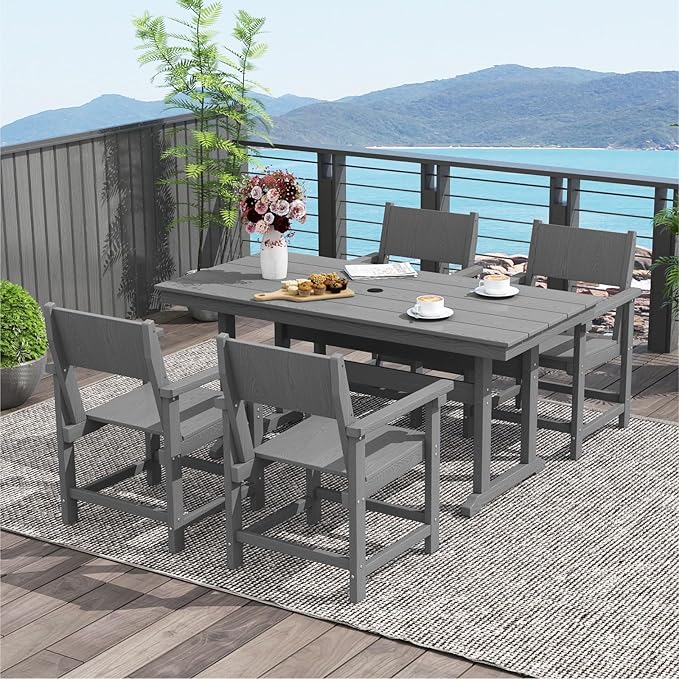 5-Piece HDPE Outdoor Patio Dining Set,Outdoor Table and Chairs,Modern Plastic Dining Sets with Umbrella Hole Cut-Out Table and 4 Chairs Gray
