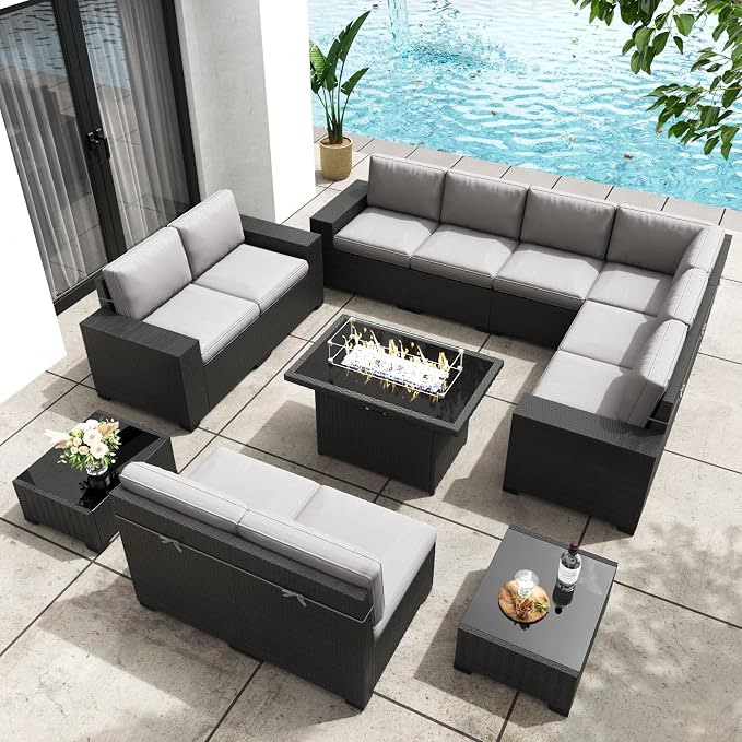 Patio Furniture Set with Fire Pit Table, 13 Pieces Outdoor All-Weather Wicker Conversation Sectional Chair Sofa Set