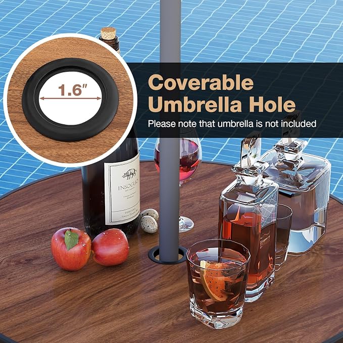 Tangkula 28” Outdoor Bar Table, Round Bar Height Table with Wood-Like Tabletop, Umbrella Hole & Footrest, Patio Bistro Table, High Top Table for Backyard, Garden & Deck