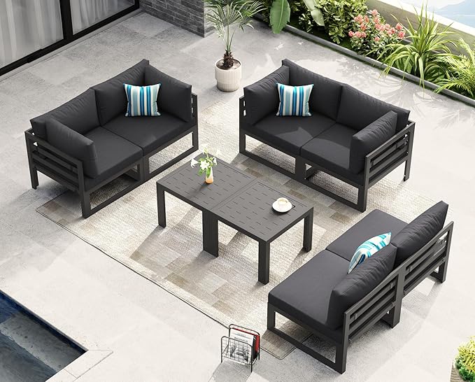 NICESOUL Extra Large Modern Aluminum Outdoor Sofa, 29" Deep Wide Seating, 500 lbs Durable Sectional Set for Heavy People, Rust & Water Resistant Comfy Patio Furniture Set for Backyard Deck, Dark Gray