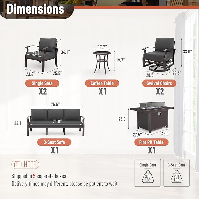 Kurapika Aluminum Patio Furniture Set 7-Seat Modern Metal Outdoor Conversation Sets w/45in Propane Fire Pit Table, Swivel Rocking Chairs Patio Sectional Sofa w/5.1 Inch Cushion, Black