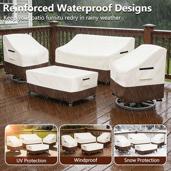 Patio Furniture Covers 4 Piece Set, 600D Heavy Duty Outdoor Furniture Covers Waterproof for Patio 3-Seater Sofa,Swivel Rocker Chair and Coffee Table Furniture Set,Beige & Brown