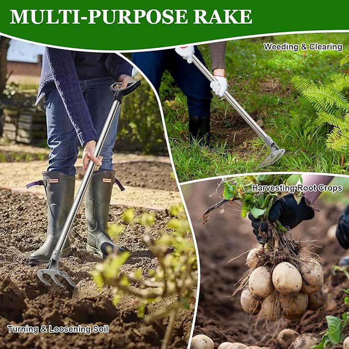 COCONUT 50” Long Handle Weeding and Cultivating Rake, 3-Tine Garden Rake for Stand Up Gardening, No Bending or Kneeling to Loosen Soil, Heavy Duty Steel with D-Grip Handle