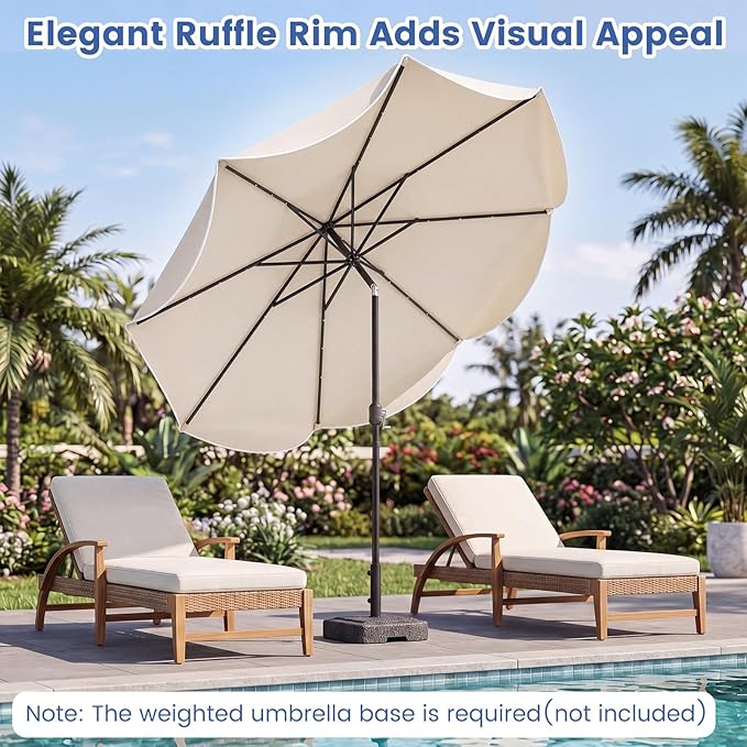 Tangkula 10 FT Solar Patio Umbrella, 2-Tiers Outdoor Scalloped Table Umbrella with 24 LED Lights, Tilt Adjustment, Crank, 8 Ribs for Market Backyard Pool Deck Beach Lawn (Beige)