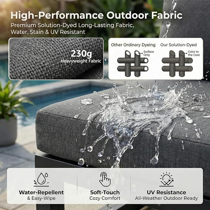 RADIATA 8 Pcs L Shaped Contemporary Aluminum Outdoor Furniture Set, 29" Deep Wide Couch Set for 500 lbs High Weight Capacity, Large Modular Patio Sectional Sofa with Coffee Table for Garden, Dark Grey