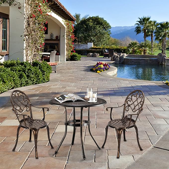 VINGLI Cast Aluminum Patio Bistro Dining Table with 2” Umbrella Hole, Round Conversation Table for Outdoor, Weather Resistant Garden Dining Table (32”Diax29”H)