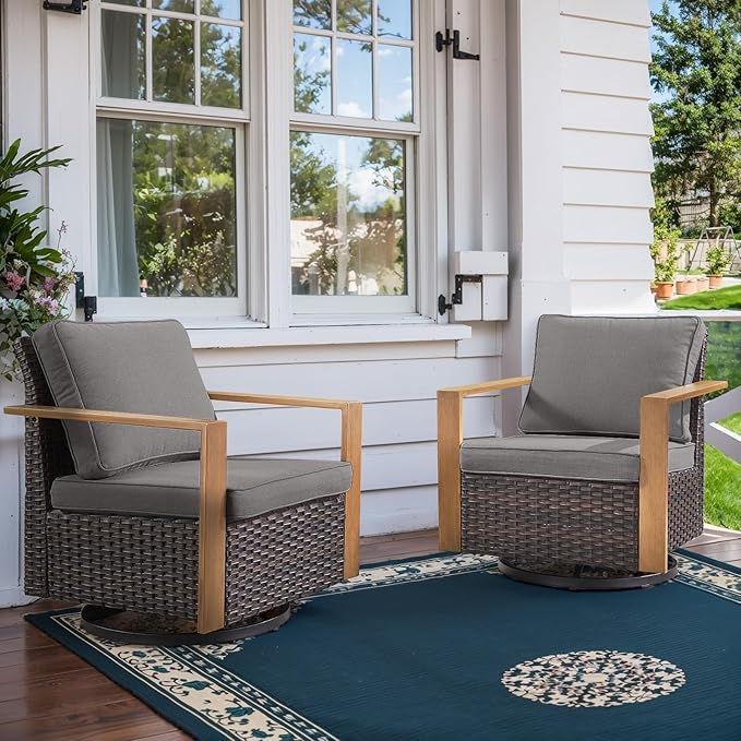 Belord Outdoor Swivel Rocker Chairs Set of 2 With Metal Wide Armrests, Patio Wicker Chairs, Glider Furniture for Porch Deck Sunroom Backyard