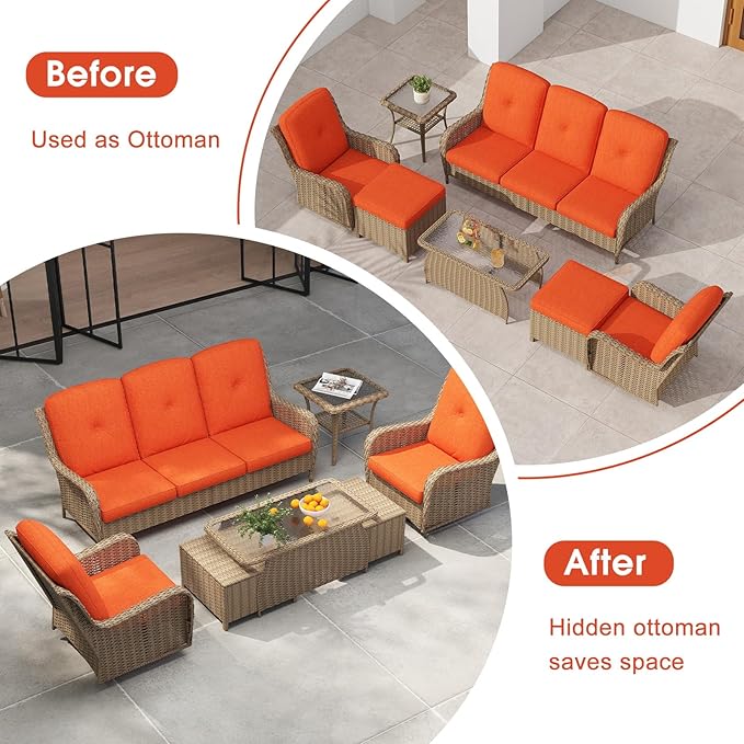 kinbor Outdoor Sectional Furniture - Outdoor Patio Conversation Sets, 7 Pieces Outdoor Sectional Sofas with Swivel Rocking Chair, Brown Wicker Rattan Patio Furniture Set, Orange