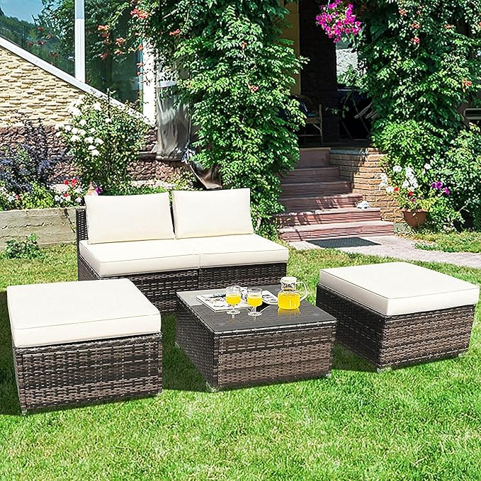 HAPPYGRILL 5 Pieces Chaise Lounge Set with Ottoman & Coffee Table Outdoor Rattan Wicker Lounge Chair Daybed Conversation Sofa Set with Cushions for Garden Balcony Poolside Backyard