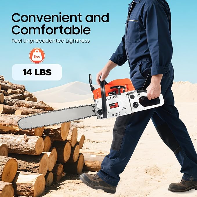 20 Inch Gas Chainsaw, 52CC Single Cylinder Air-cooled 2 Stroke Engine Gasoline Chainsaw, 2000W Portable Hand Pull Start Chain Saw for Cutting Wood Tree Trimming, 7500rpm