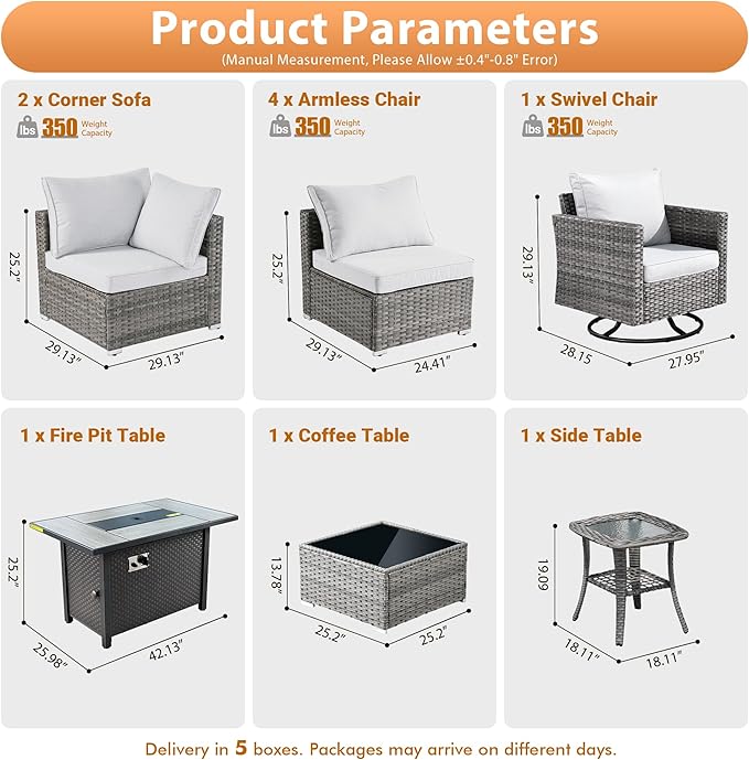 10 PCS Outdoor Patio Furniture Sets with 42'' Fire Pit Table,Wicker Weather Resistant Patio Conversation Set with Wicker Rocking Chair,Modular L Shaped Sofa with Coffee Table for Yard,Light Grey