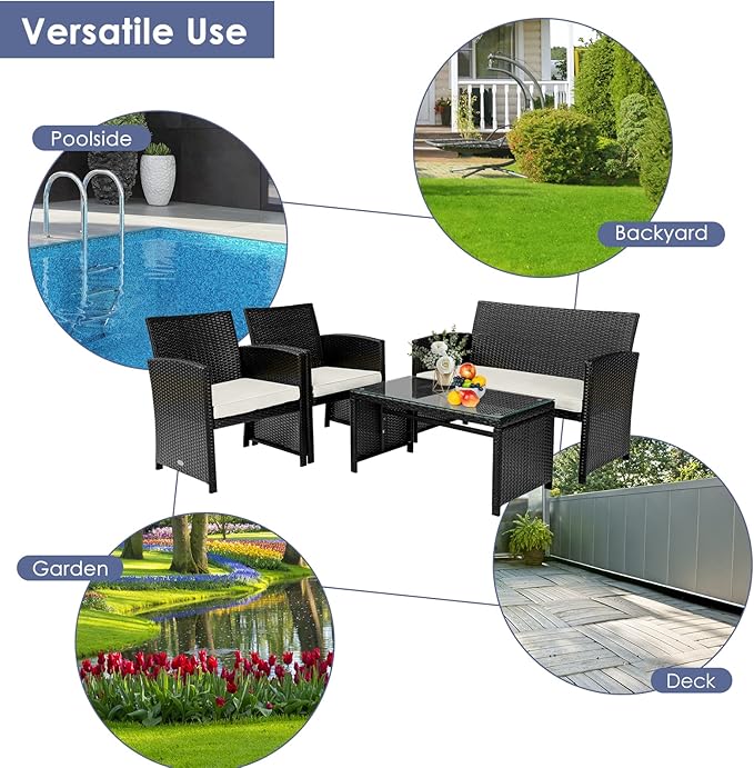 COSTWAY 4 Piece Patio Furniture Set, Outdoor PE Rattan Wicker Sectional Sofa with Cushion and Coffee Table, Patio Conversation Sets for Balcony Lawn Porch Patio Backyard Garden Poolside, White