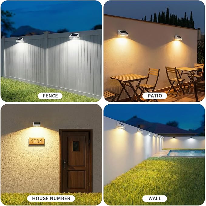 NIORSUN Solar Fence Lights 8 Pack, Outdoor Solar Lights with 3 Color Temperatures, IP65 Waterproof Wide-Angle LED Lighting for Fence, Patio, Yard, Deck, Wall, Garden (White)