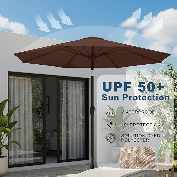 9ft Patio Umbrella with Push Button Tilt and Crank,Outdoor Market Table Umbrella UV Protection 8 Sturdy Ribs for Backyard,Garden,Pool,Deck(Brown)
