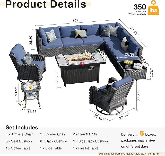 HOOOWOOO Outdoor Patio Furniture with Fire Pit Set 11 Pieces Patio Set with Fire Pit Wicker Outdoor Furniture with Fire Pit Table Set Patio Sectional Set with Swivel Chairs,Denim Blue