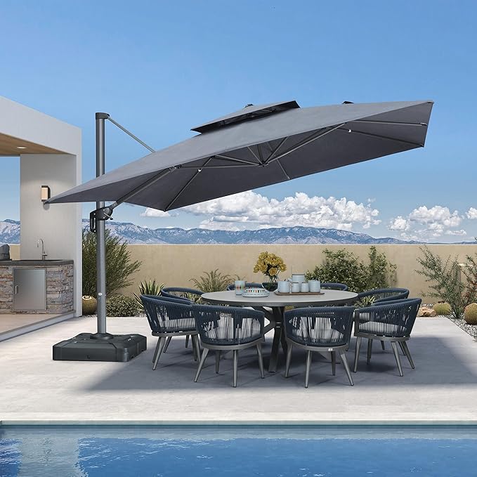 PURPLE LEAF 12FT Sunbrella Cantilever Umbrella Heavy Duty Large Double Top Offset Hanging 360° Rotation Square Umbrella for Garden Patio Deck Pool Backyard Cast Slate
