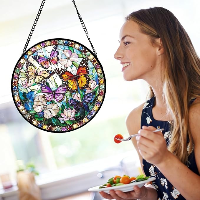 DASTOLL Stained Glass Window Hanging, Colorful Butterfly Suncatcher for Doors Home Sun Catchers Decoration and Christmas, Mother's Day Birthday Gifts for Women, Men, and Mom 11.8x11.8 in