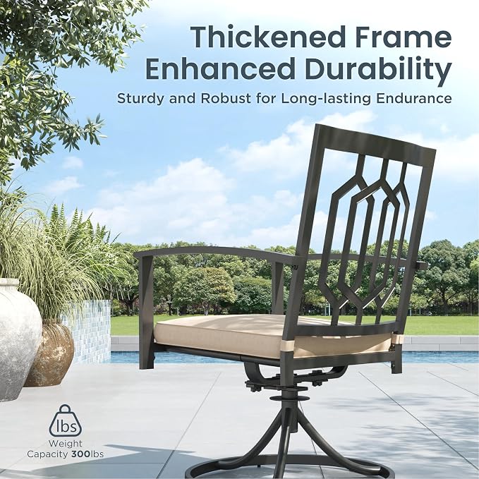 PHI VILLA Patio Dining Set, Swivel Chairs, Square Steel Table | Metal chairs, Hexagon Back Swivel Chair, 1.57" umbrella hole, 360° swivel, cushioned, E-coated