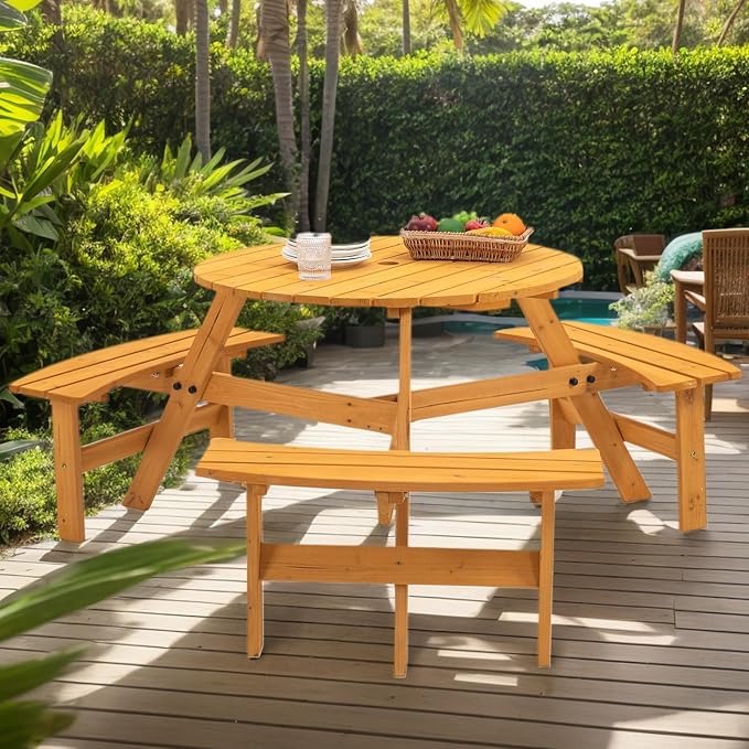 8-Person Round Picnic Table with 4 Built-In Benches & Umbrella Hole, Wooden Picnic Tables for Outdoors, Patio, Backyard, Garden, 66.92"X66.92"X27.55, 2220lb Capacity (Round, Natural, 6-Person)
