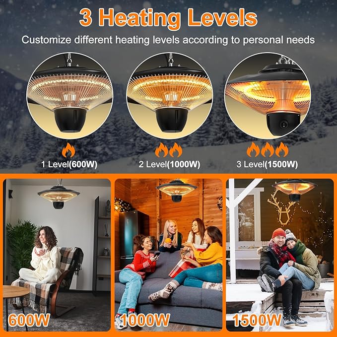 Outdoor Patio Heater, 1500W Electric Infrared Hanging Patio Heater for Outdoor Use, Ceiling Mounted IP23 Waterproof with 3 Heating Levels 30/60Mins Timer, for Porch Garage Balcony