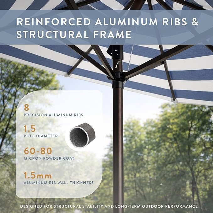 California Umbrella 8-Year Protection 9 Ft Outdoor Patio Umbrella, Solstice Fade-Resistant Fabric, Auto-Tilt, Heavy Duty Aluminum Frame, 8 Reinforced Ribs for Pool or Deck, Bronze Pole, Navy White Cabana Stripe