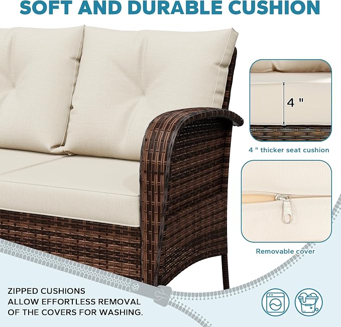 4 Pieces Patio Set, 73" Rattan Loveseat Sofa, Coffee Table, Wicker Swivel Glider Chairs, Cushion with Water Resistant Cover, Outdoor Conversation Furniture, Couch for Yard, Lawn (Beige)