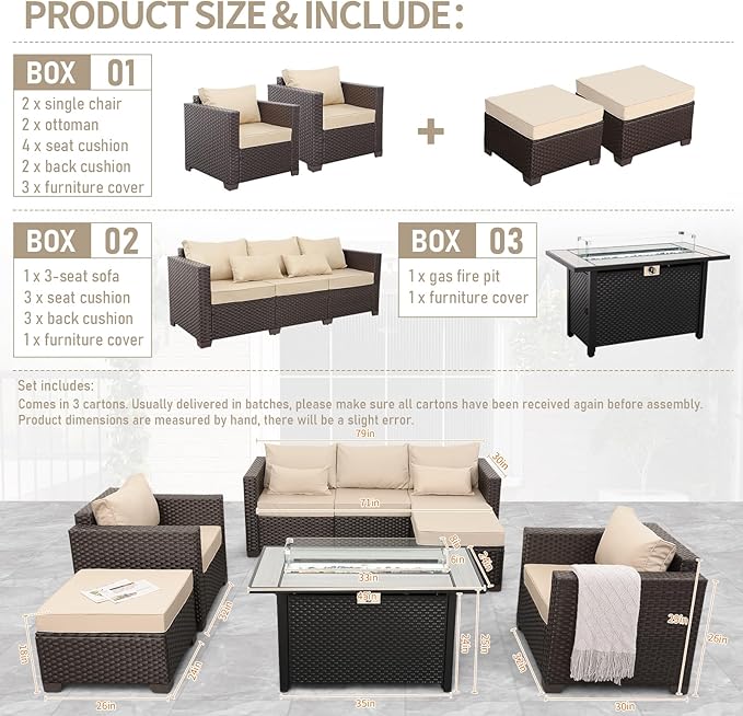 Patio Furniture Set 6-Piece Outdoor Furniture Set with 45'' Propane Gas Fire Pit Table Outdoor Conversation Set Wicker Sofa Set Non-Slip Cushions Waterproof Covers, Khaki