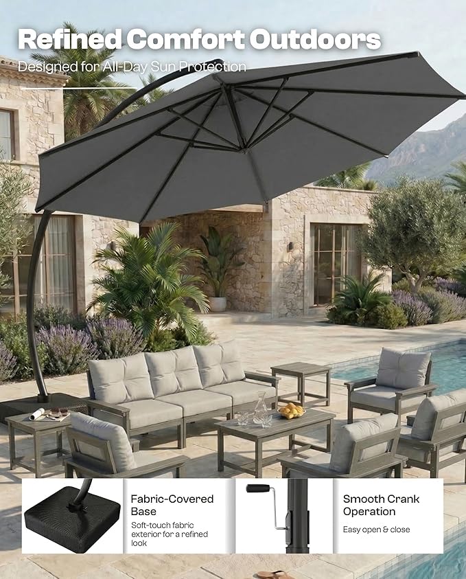 12 FT Cantilever Umbrella with Base Included, Large Round 360° Rotation Offset Umbrella Outdoor Patio, Heavy Duty Aluminum Frame, Sand-Weighted Stand, for Deck, Backyard, Pool, Garden (Grey)