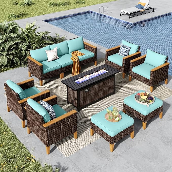 MFSTUDIO 9 Piece Wicker Patio Furniture Set with 56" Fire Pit Table, All-Weather PE Rattan Patio Sectional Sofa Conversation Set with 50000 BTU Fire Pit Table, Ottoman & Aqua Blue Cushion