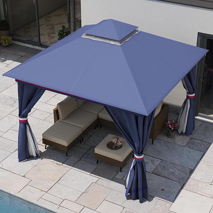 LAUSAINT HOME Patio Gazebo 10'x10', Outdoor Heavy Duty Party Tent Shelter with Double Roofs, Mosquito Nettings and Privacy Screens for Backyard, Garden, Lawn, Classic Blue