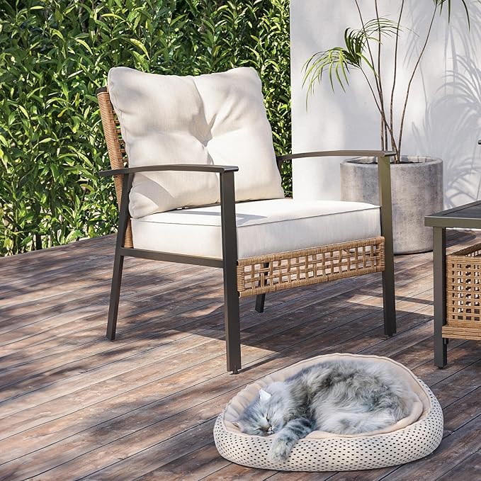 LAUSAINT HOME Outdoor Rattan Bistro Set, Patio Furniture Wicker Chairs Set of 2 with Deep Seating and Thick Cushions, Oversize Conversation Set for Garden, Balcony and Backyard (Beige)