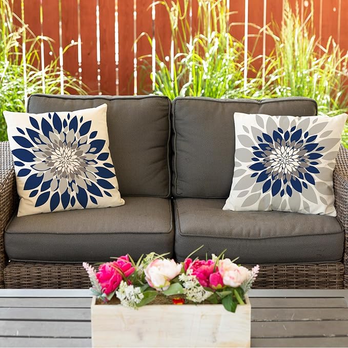 Jartinle Dahlia Flower Outdoor Pillow Covers 18x18 Inch Set of 2 Waterproof Abstract Floral Summer Decorative Throw Pillow Covers for Patio Furniture Porch Couch Home Decor (Navy Blue Grey)