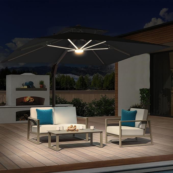 10x10 FT Cantilever Patio Umbrella with Led Lights Double Top Outdoor Square Large Heavy Duty Aluminum Offset Umbrellas with 7 Level Tilt 360-degree Rotation for Pool Garden Deck, Black