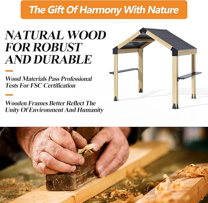 GARTOO 7.7'x5.7' Outdoor Grill Wood Gazebo - Hardtop Gazebo with 2 Side Shelves and Galvanized Steel Roof, Patio Wooden BBQ Pergola for Garden, Porch and Backyard
