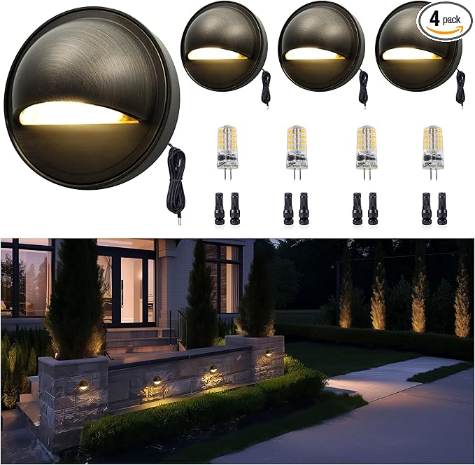 Gardenreet Low Voltage Deck Lights - Solid Brass Landscape Step Lights LED, 12V Hardwired IP65 Waterproof, Bronze Round Lighting for Stair Fence Wall Yard with 2700K Warm White G4 Bulb 4Pack