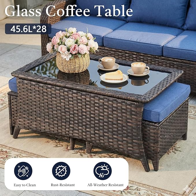 6 Piece High Back Patio Furniture Set - All Weather Patio Conversation Set with 4 Inch Thick Cushions and Deep Seating Swivel Glider Chairs & Outdoor Couch for Porch Deck Yard Pool Brown Blue