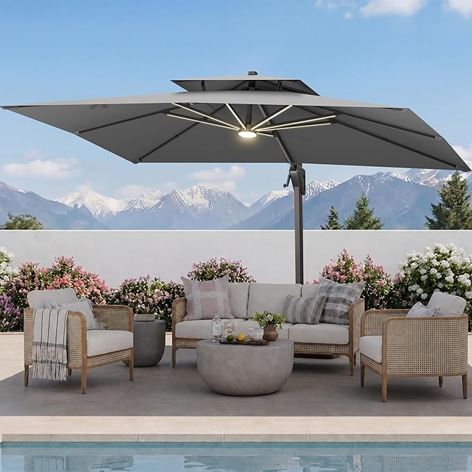 10 X 13 FT Cantilever Patio Umbrella with Led Lights and Base Included Heavy Duty Outdoor Double Top Large Rectangle Offset Umbrellas with 360-degree Rotation for Garden Pool Deck Backyard, Grey