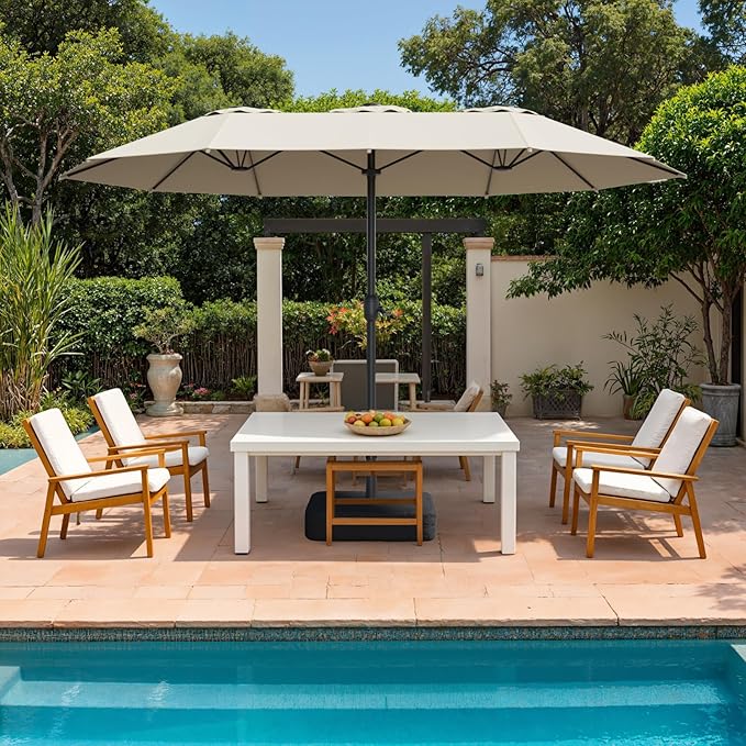 15ft Double-Sided Outdoor Patio Umbrella, Table Umbrellas with Steel Ribs, Easy Crank, Market Umbrella for Backyard & Pool