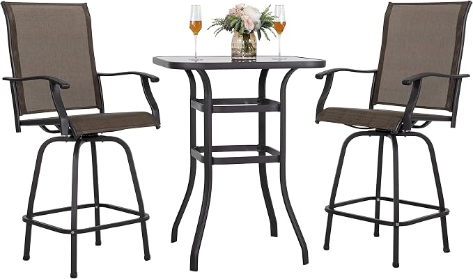 NUU GARDEN 3 Piece Patio Bar Set, Textilene Bar Stools Set,Brown