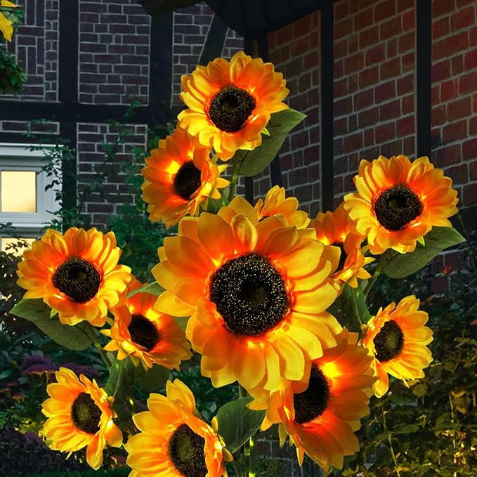 Solar Garden Lights Outdoor - Sunflower Solar Flowers Lights Outdoor Decorative Waterproof, 40 Hours Yard Pathway Light Solar Powered for Grave, Cemetery Decoration, Backyard Decor, Gift for Mom, 4pcs